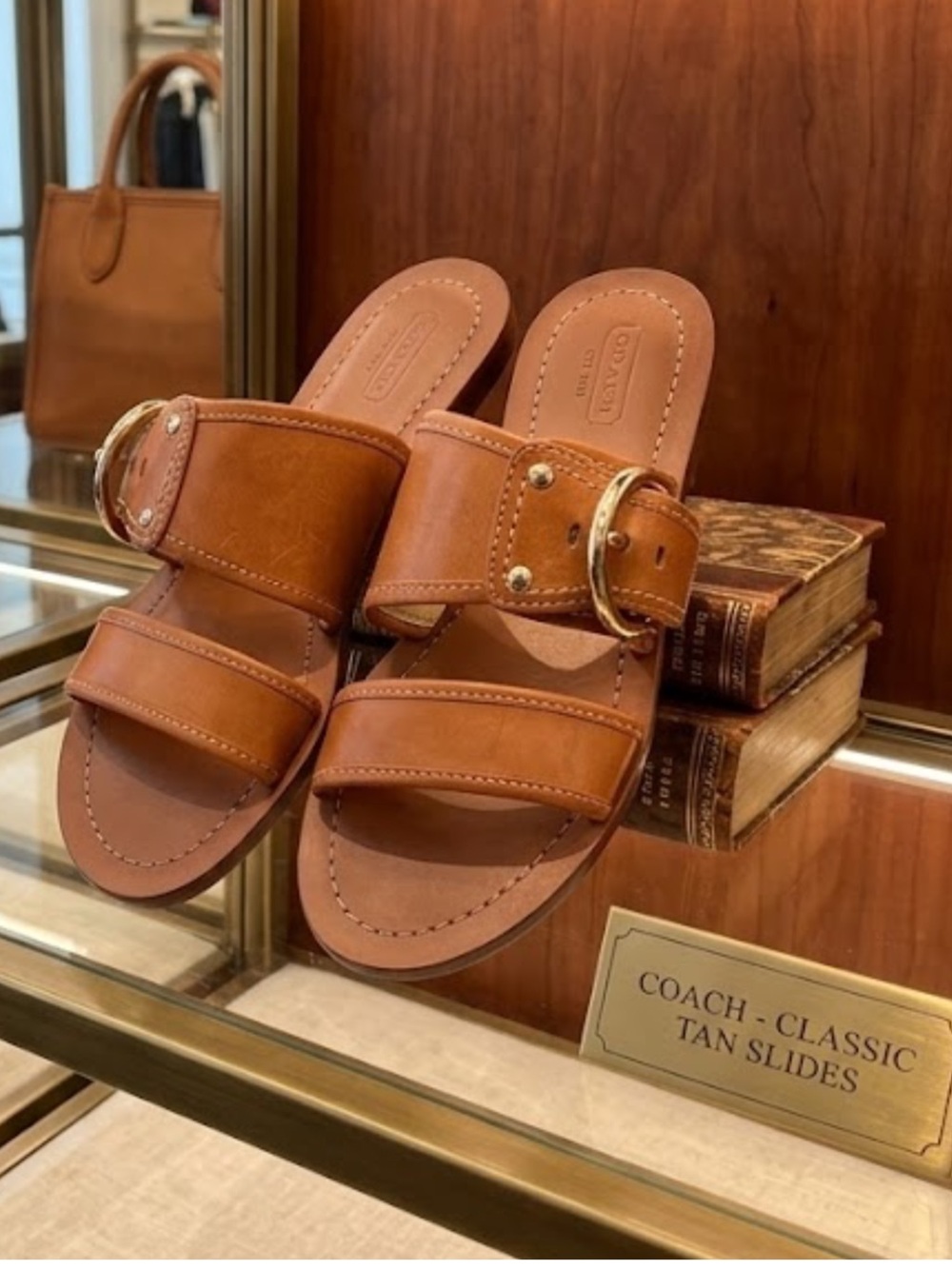 Coach Tan Leather Double-Strap Slide Sandals with Gold Buckle